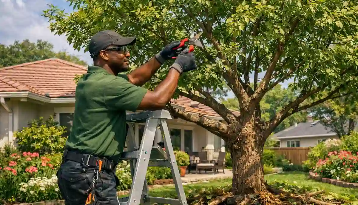 Garden tree maintenance pruning – homeowner tending to small tree in residential garden with pruning shears
