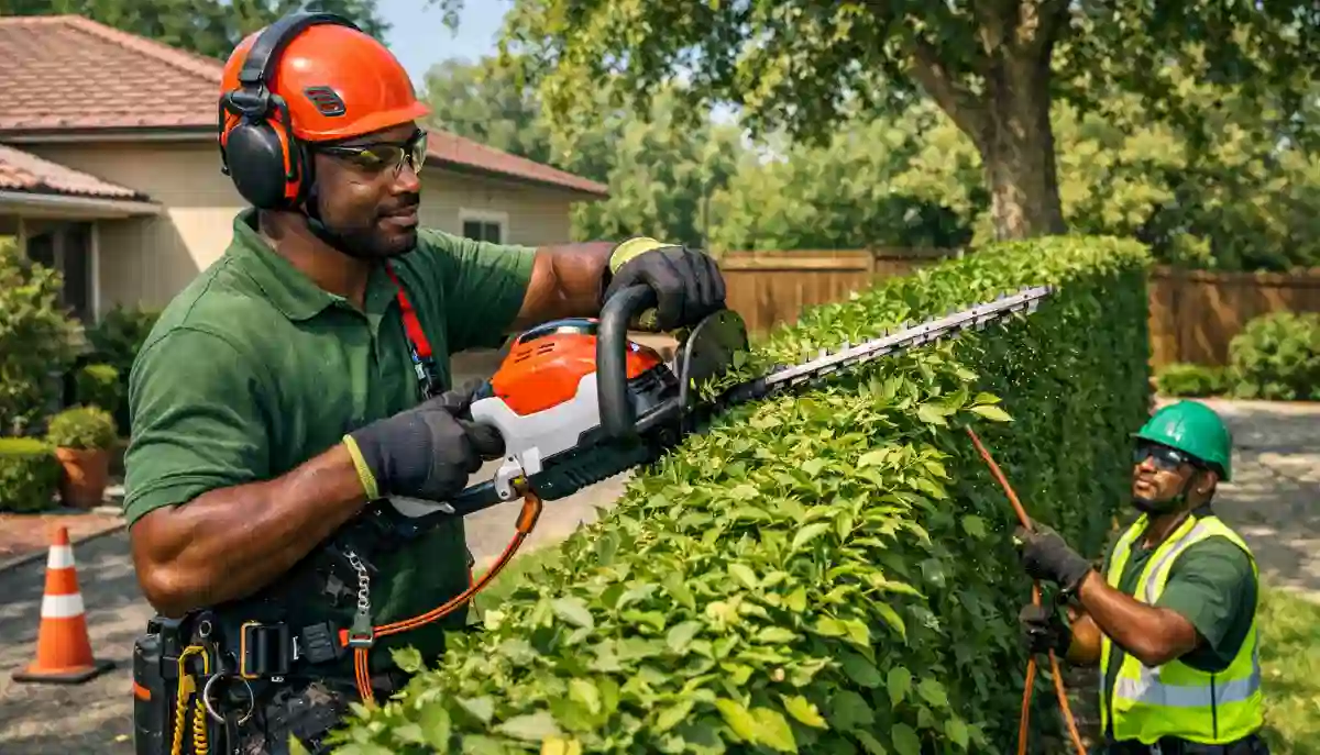 Hedge trimming maintenance – gardener shaping formal hedge with electric trimmer for neat appearance