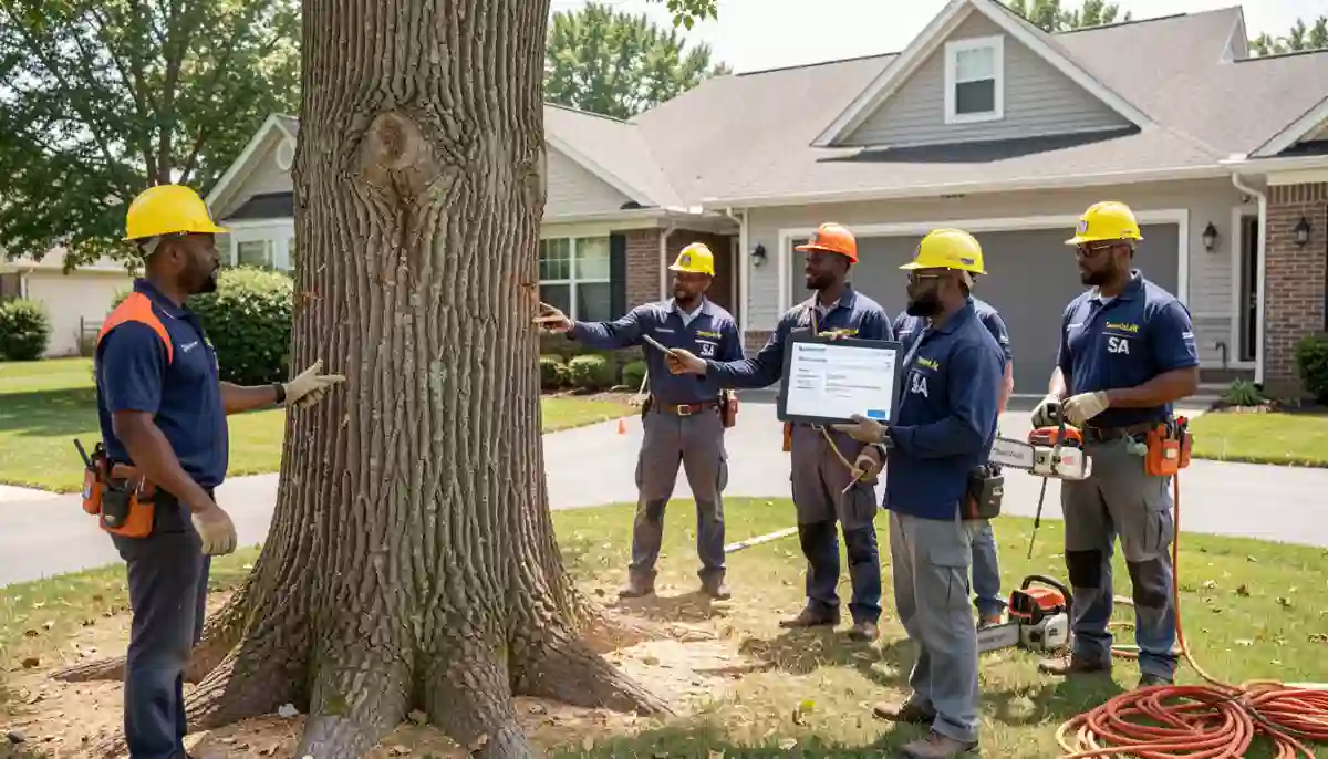 Hiring tree felling service – homeowner shaking hands with professional arborist after site inspection
