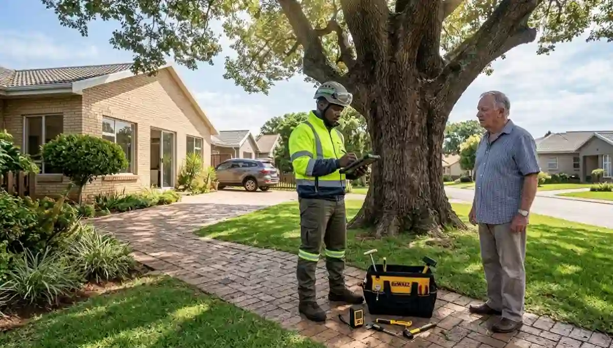 Large tree near home assessment – arborist inspecting a mature tree close to residential house for safety