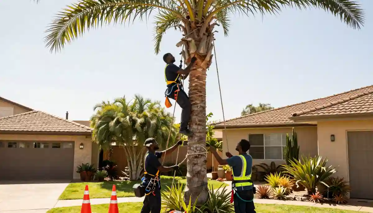 Palm tree removal costs rules South Africa – tall palm tree being carefully removed by specialist near coastal home