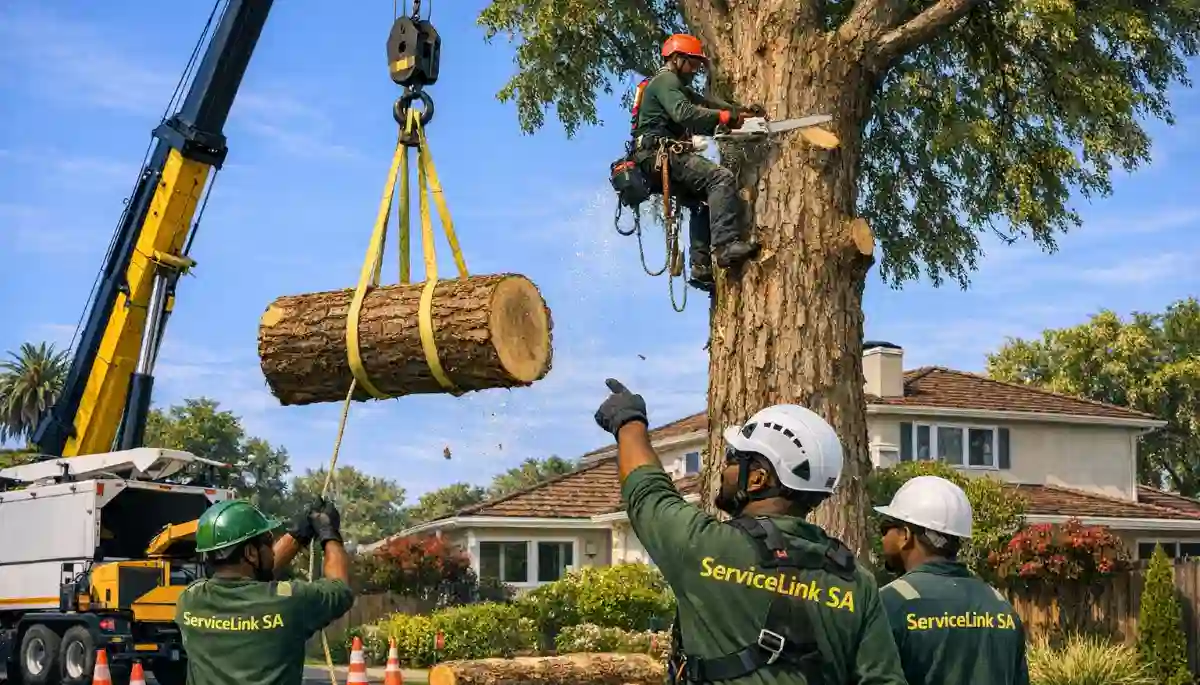 Sectional tree removal with crane – large tree section being lifted by crane over residential house
