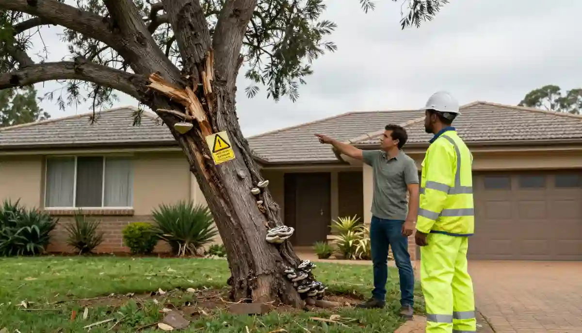 Signs you need tree removal – large tree with visible cracks and dead branches near a residential home