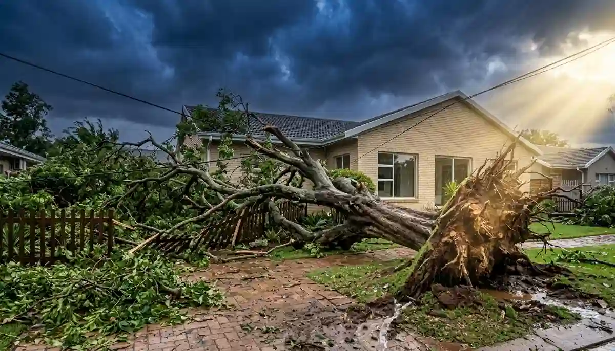Storm damaged tree fallen – large tree uprooted and lying across residential lawn after high winds