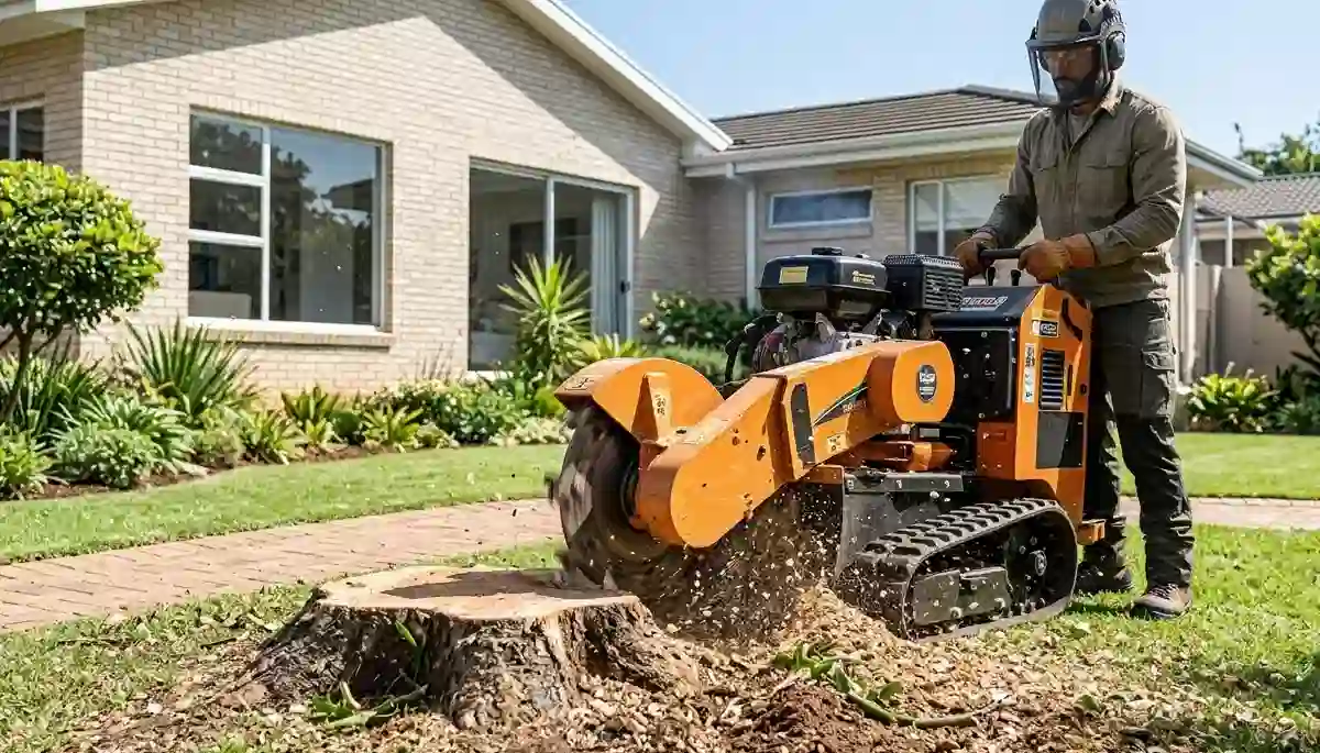 Stump grinder machine operation – professional using grinder to chew tree stump below ground level
