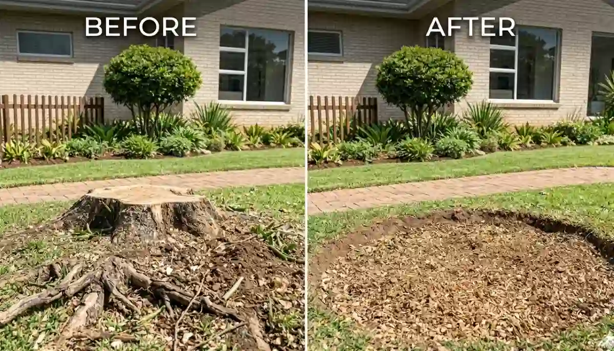 Stump grinding before after – split image showing an ugly stump and then the same area ground down with wood chips