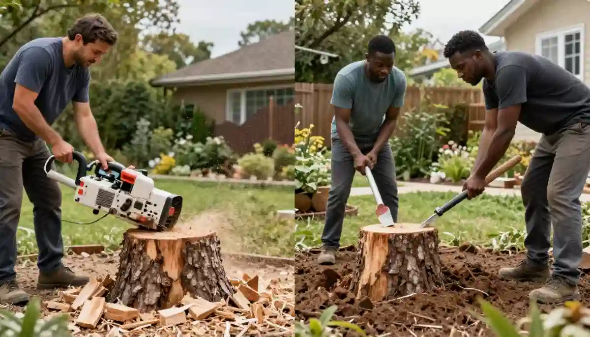 Stump grinding vs stump removal – split image showing grinding machine on one side and excavator digging out stump on other