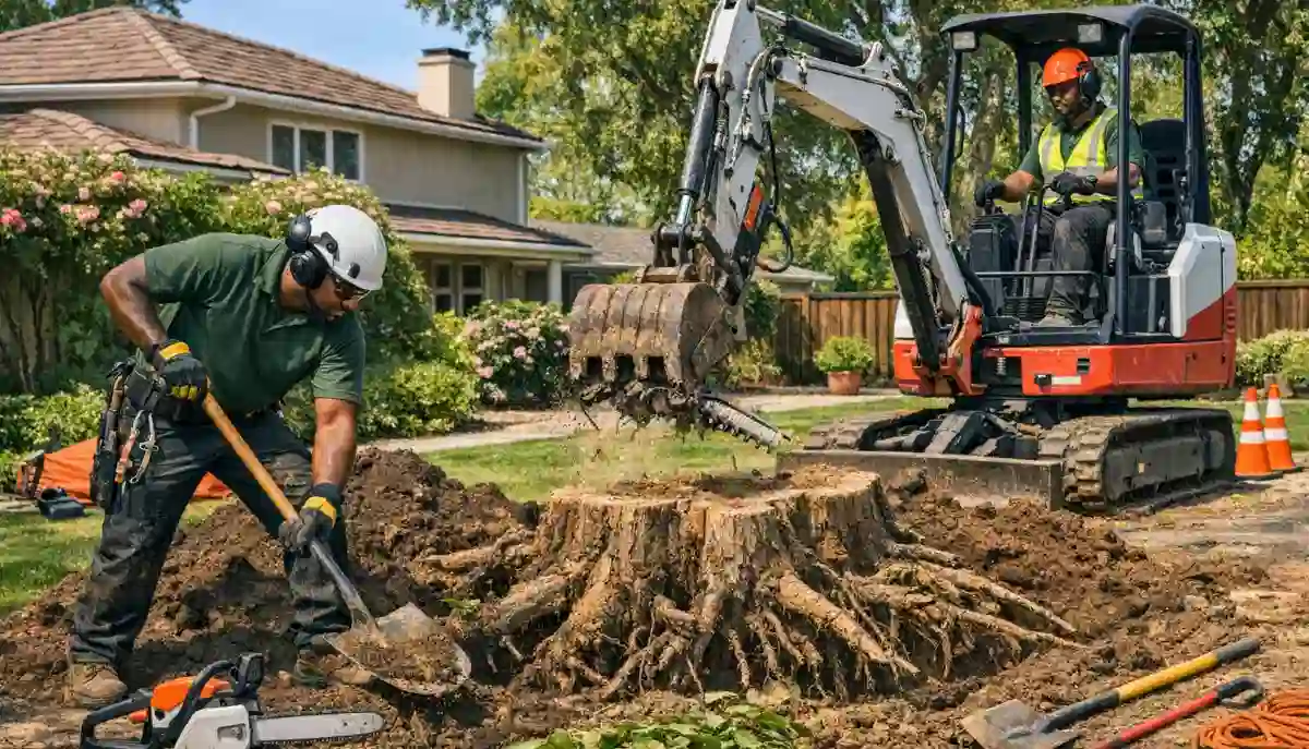 Stump removal excavation digging – excavator digging out large tree stump and root ball from ground