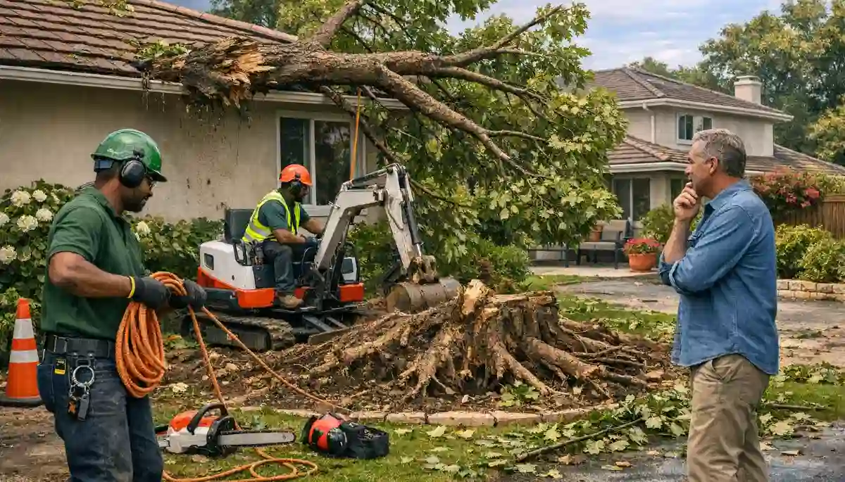 Tree branch on house roof – large limb crashed through roof tiles causing structural damage and emergency