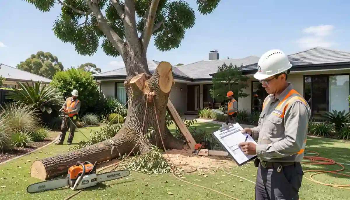Tree felling cost South Africa – arborist assessing large tree for removal with clipboard and chainsaw nearby