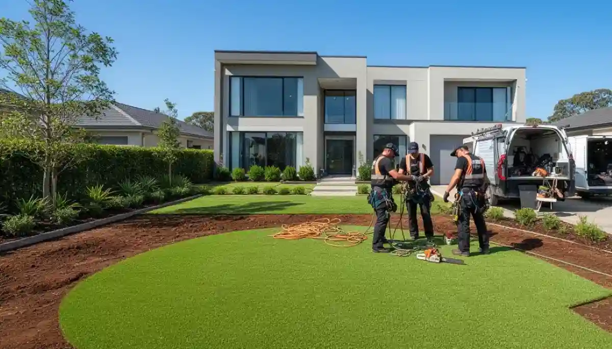 Tree removal site cleared – area after stump removal with fresh topsoil and grass seed ready for planting