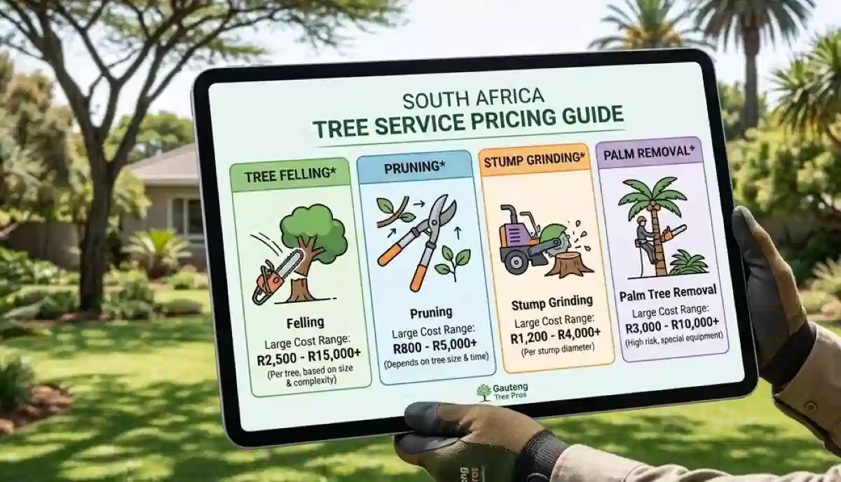 Tree service cost comparison chart showing felling vs pruning vs stump grinding costs side by side
