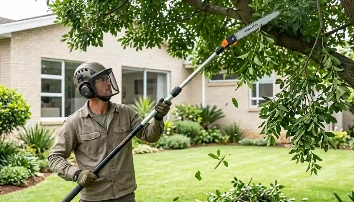 Tree trimming branches pole saw – arborist using long pole saw to trim high branches for shape and clearance