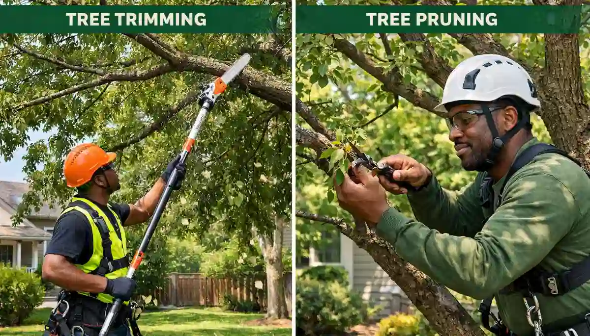 Tree trimming vs pruning – split image showing trimming for shape on one side and pruning for health on the other