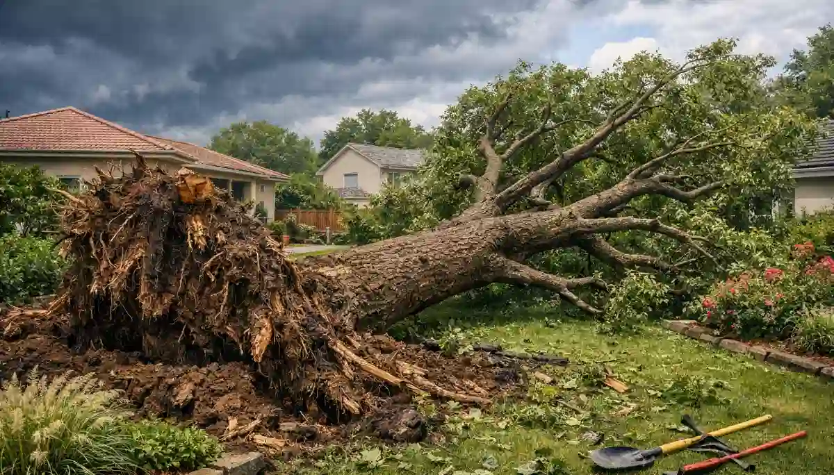 Uprooted tree after storm – massive tree with exposed root system lying on its side after high winds