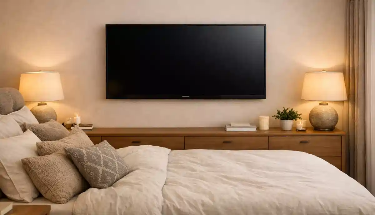 Bedroom TV wall mounted at comfortable height above a dresser with tilting bracket for optimal viewing from bed