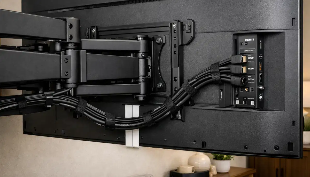 Behind TV cable management system showing neatly organized cables with ties and clips attached to bracket