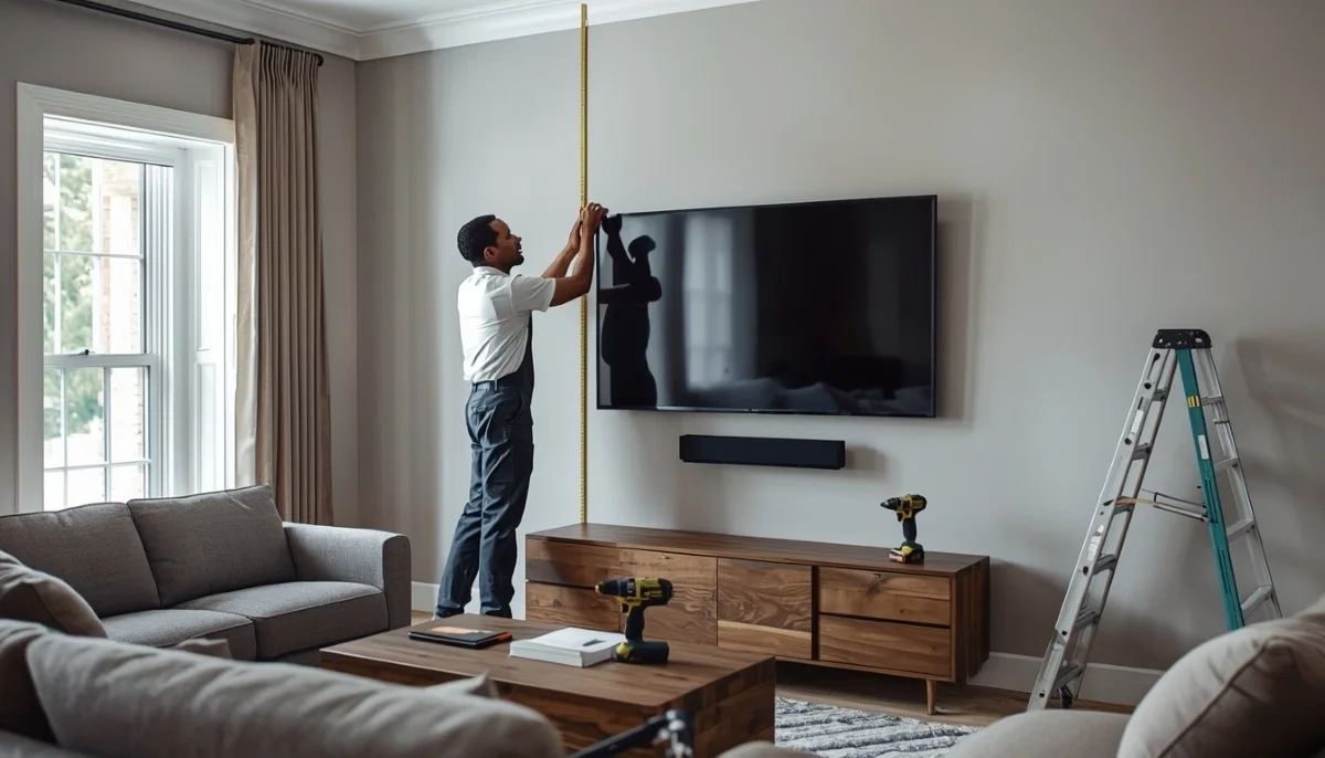 Best TV mounting height – illustration showing seated eye level and optimal screen position on wall with measurements