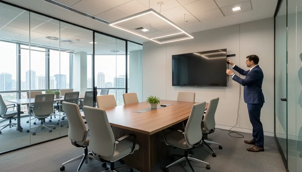 Boardroom commercial TV mounting – large screen in executive boardroom with integrated cable management and conference camera