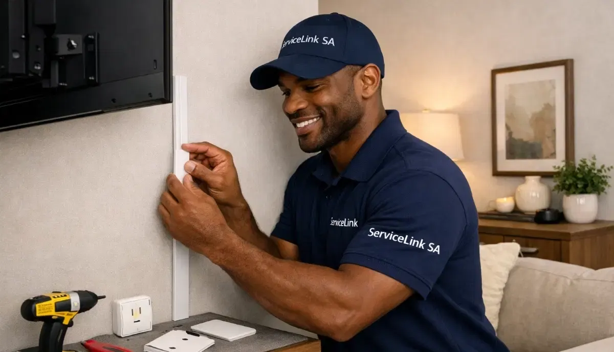 Cable cover trunking painted to match wall colour – almost invisible plastic channel hiding TV wires