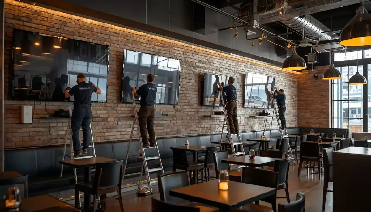 Commercial TV installation guide South Africa – large display mounted in modern office boardroom with multiple screens