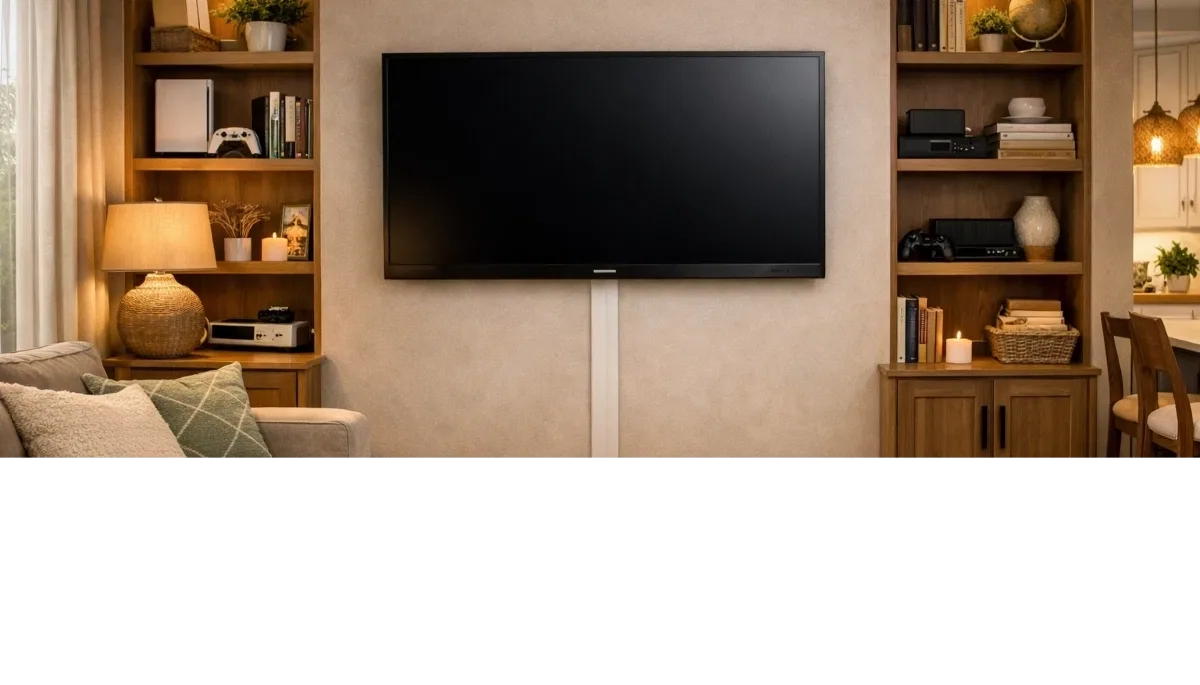 Family room entertainment center with TV on a modern stand, surrounded by shelves and media components