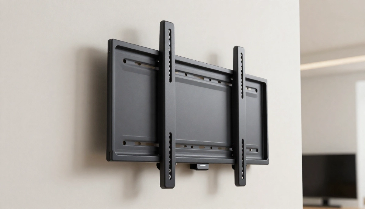 Fixed TV bracket flush wall – low-profile bracket mounted on wall with TV sitting just millimeters from wall surface