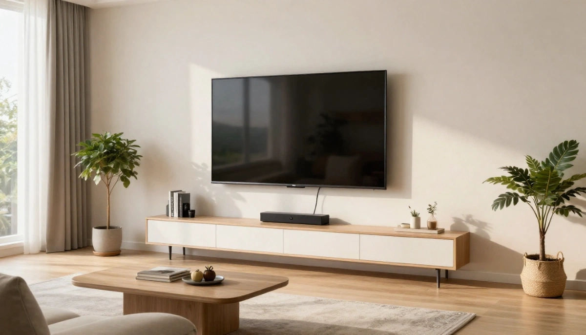 Flatscreen TV mounted in living room on brick wall with clean finish and media console below