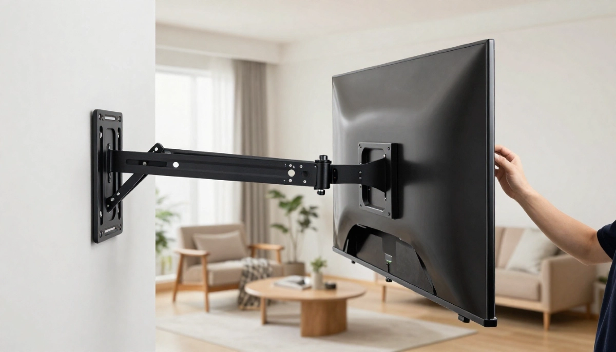 Full motion TV bracket articulating – dual arm mechanism extended showing swivel and tilt capabilities