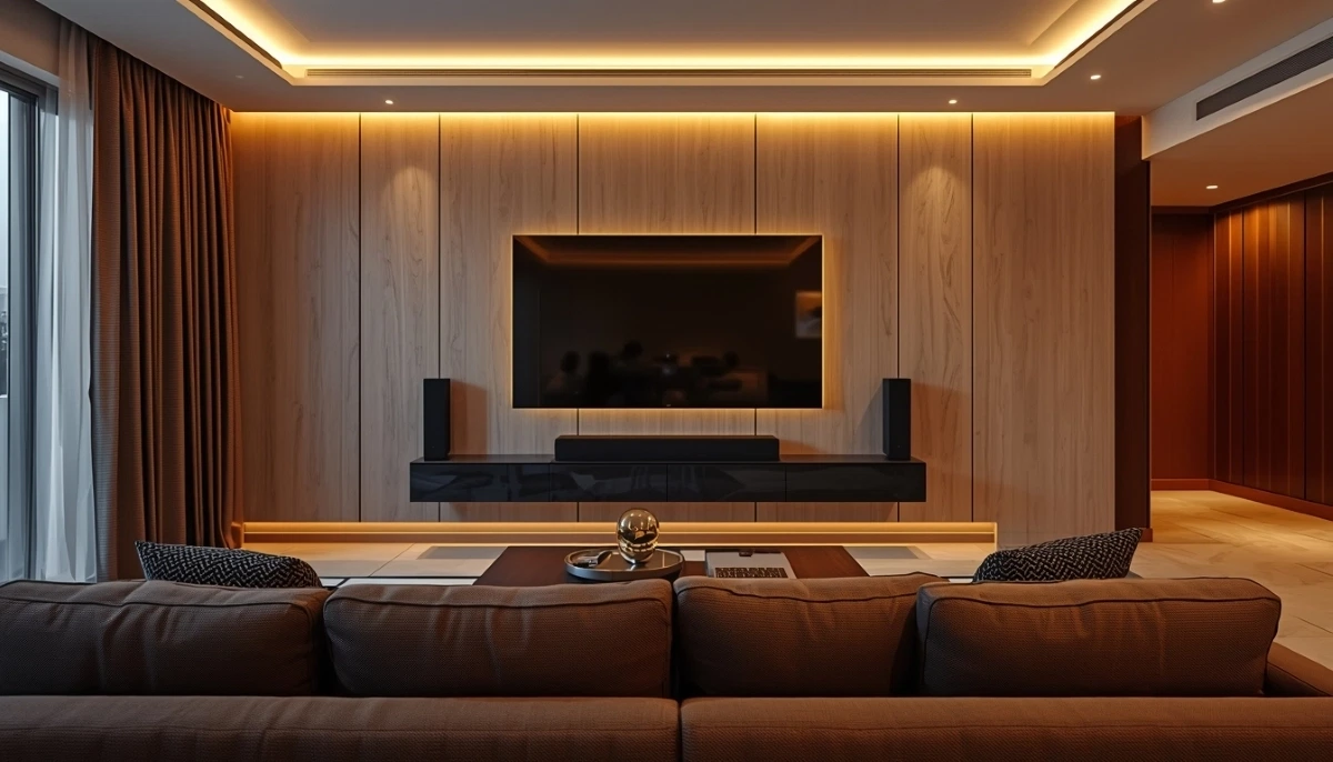 Home entertainment setup South Africa – modern living room with wall-mounted TV, soundbar, and integrated media console