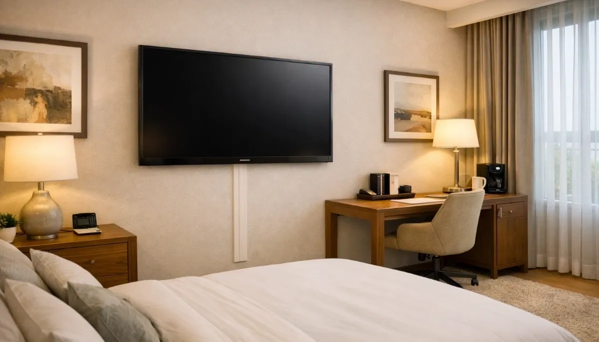 Hotel room TV installation – modern hotel room with large flatscreen TV mounted securely on wall above dresser