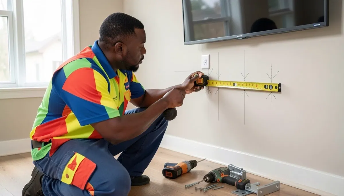Installer measuring TV wall position with tape measure and level for optimal mounting height