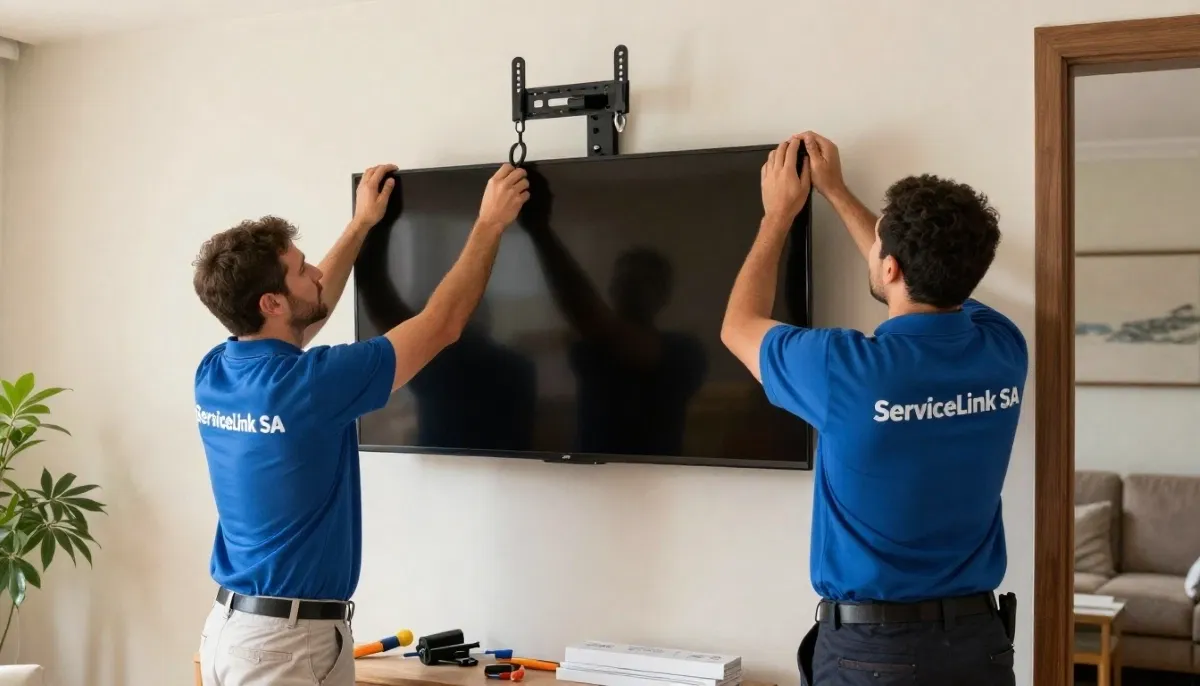 Installer mounting TV on bracket – professional carefully securing flatscreen to wall-mounted bracket