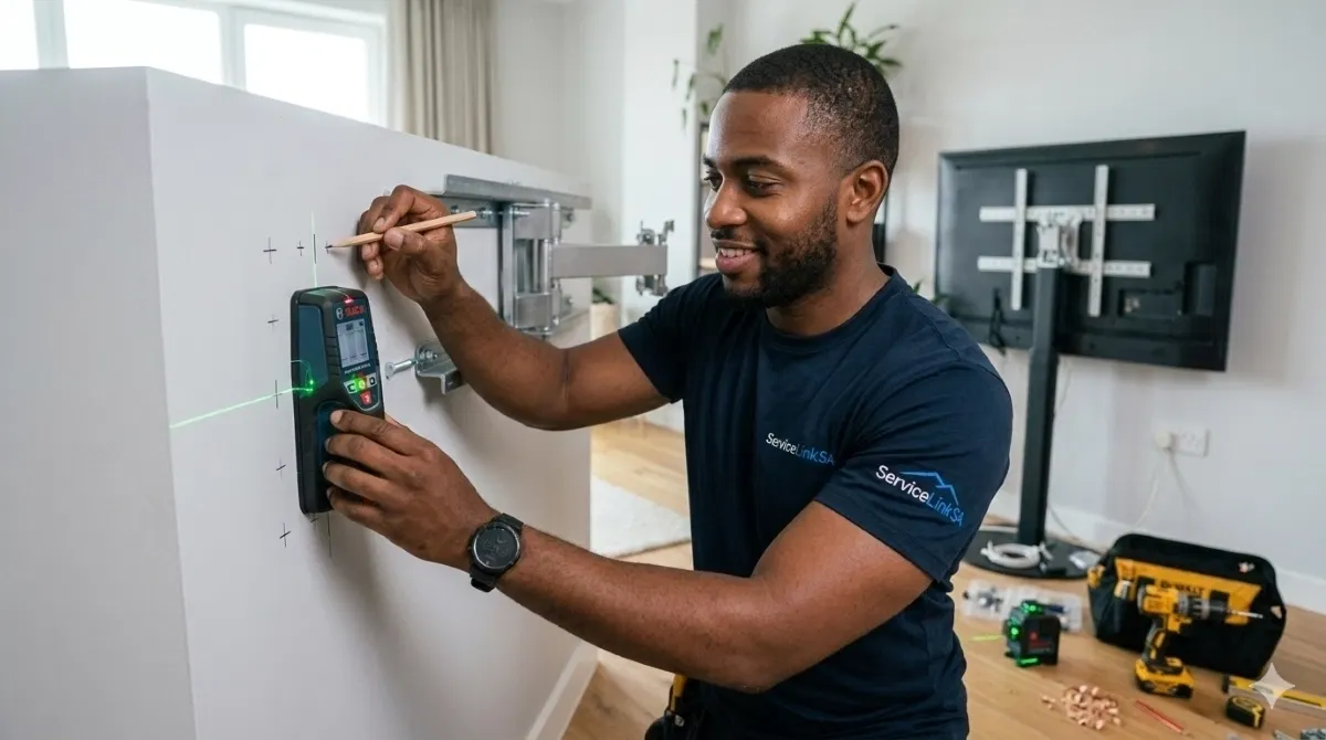 Installer using stud finder to scan wall and locate wooden studs behind drywall for secure TV mounting