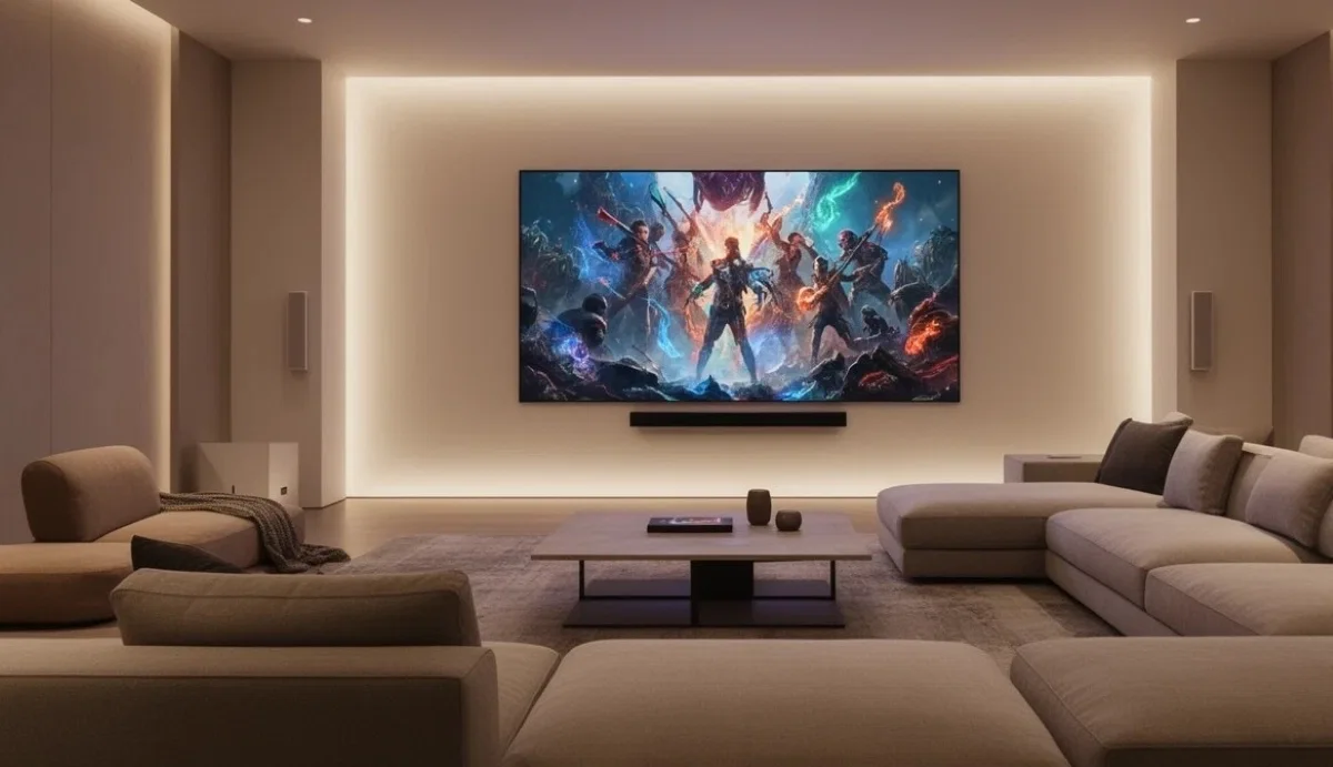 Modern living room home theatre with wall-mounted flatscreen TV and ambient lighting