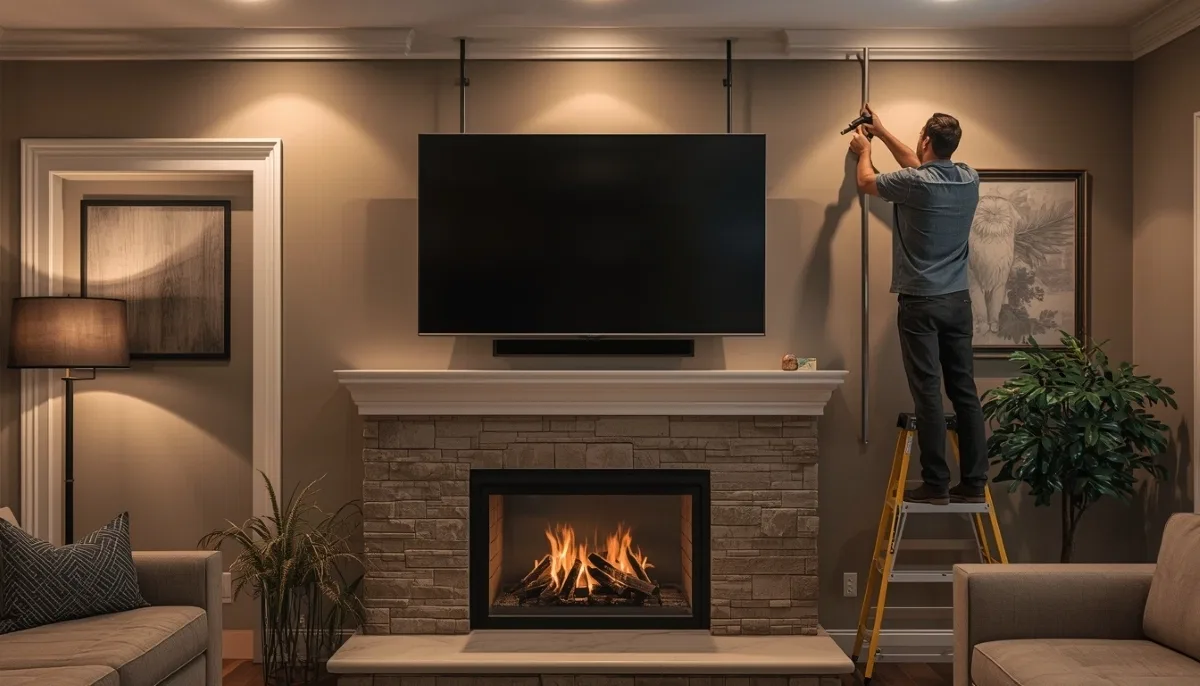 Mount TV over fireplace – modern living room with TV mounted above a stone fireplace with heat shield and tilting bracket