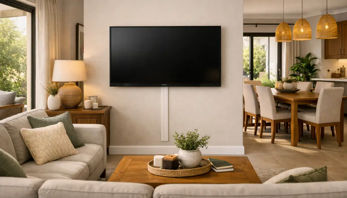 Open plan TV setup lounge with wall-mounted TV above a low media console and comfortable seating