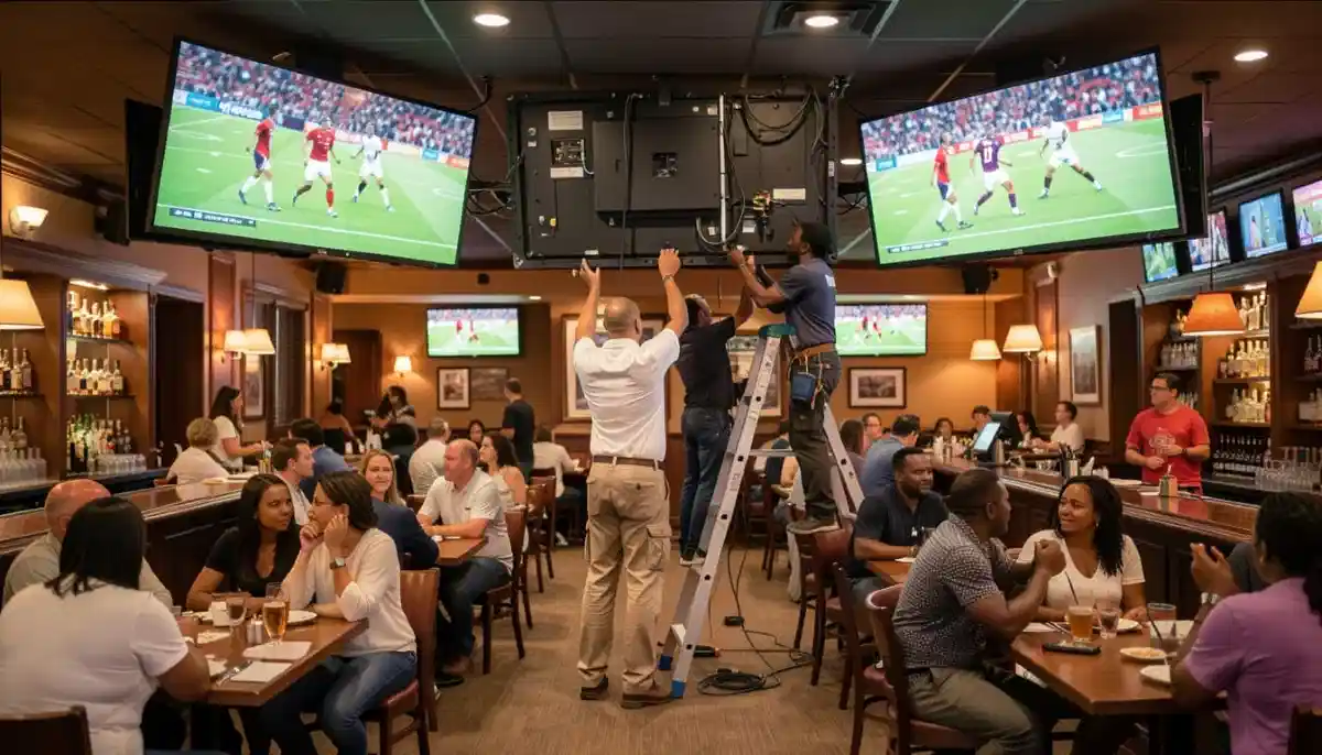 Restaurant bar TV installation – multiple screens mounted above bar area for optimal viewing from all seats