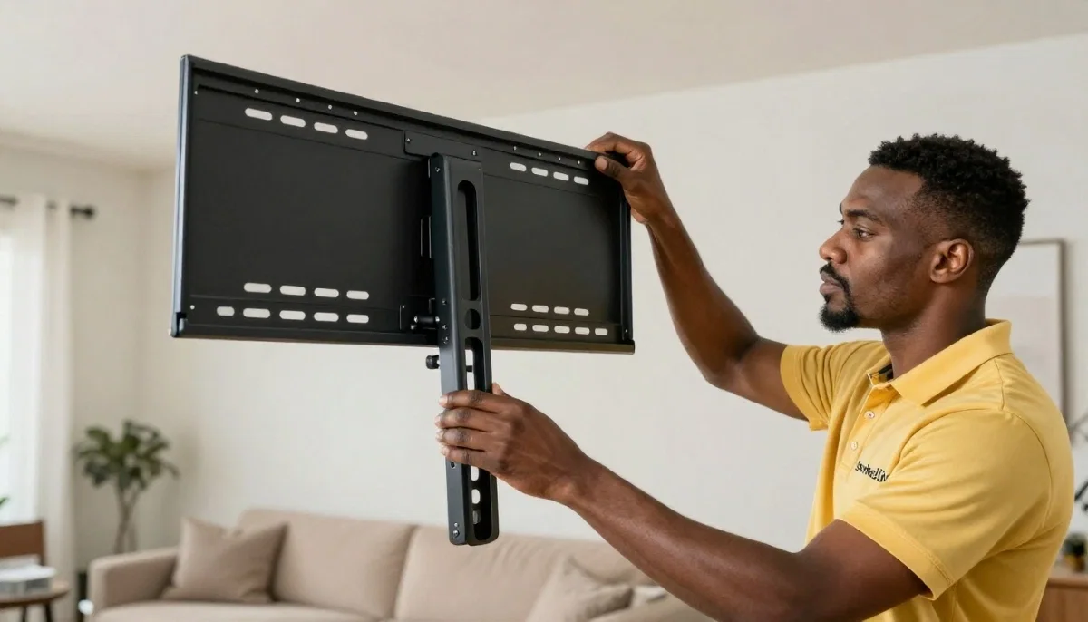 Tilting TV bracket angle adjustment – close up showing pivot mechanism allowing TV to tilt downwards