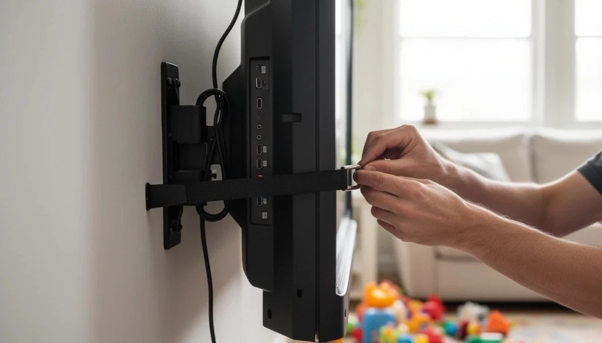 TV anti-tip strap safety – close up of safety strap securing TV to wall bracket for fall prevention