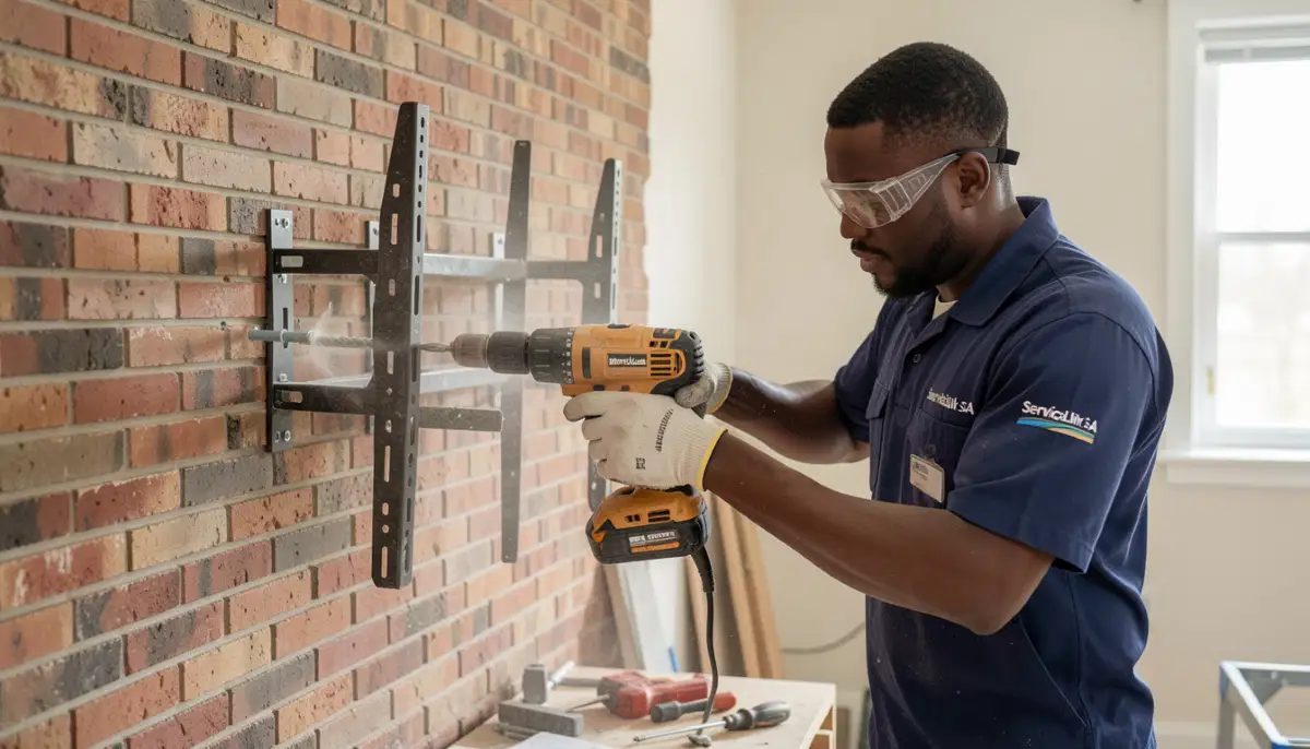TV bracket drilling brick wall – professional installer using hammer drill to create hole in solid masonry