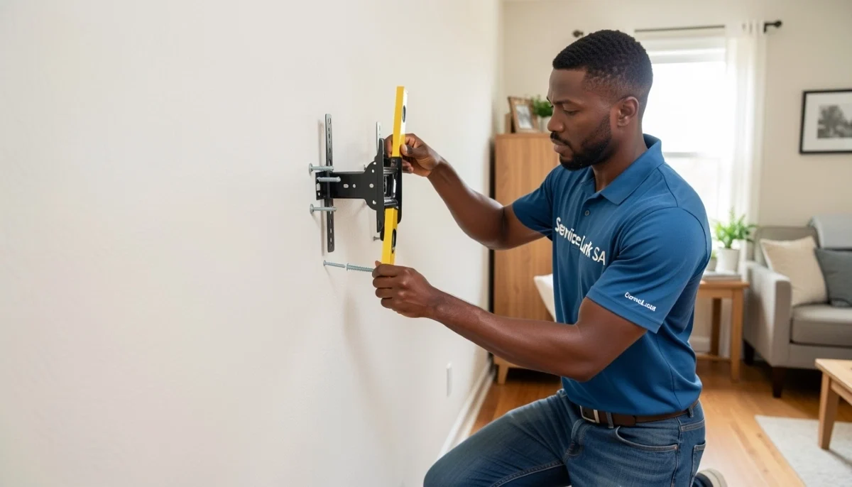 TV bracket securing drywall anchors – close up of toggle bolt being inserted into drywall for TV mount