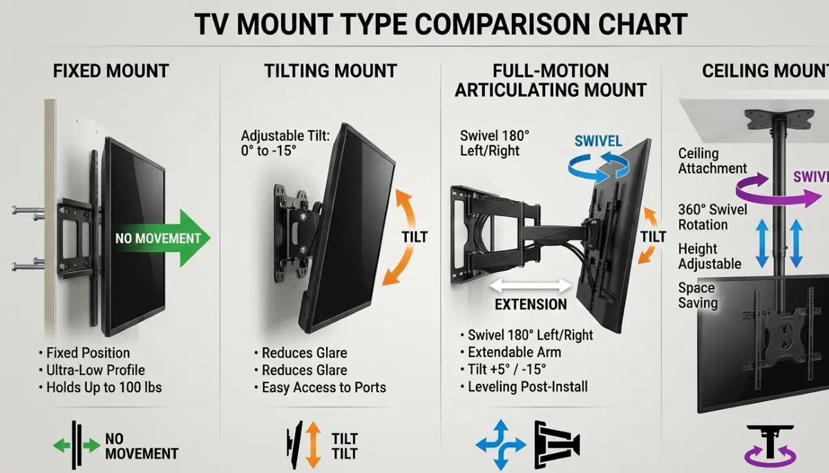 TV bracket type comparison chart showing fixed vs tilting vs full-motion brackets with features and benefits
