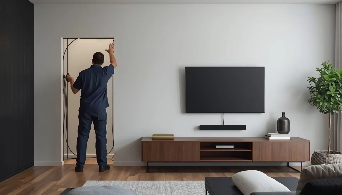 TV cable concealment guide South Africa – perfectly hidden wires behind wall-mounted TV with clean finish