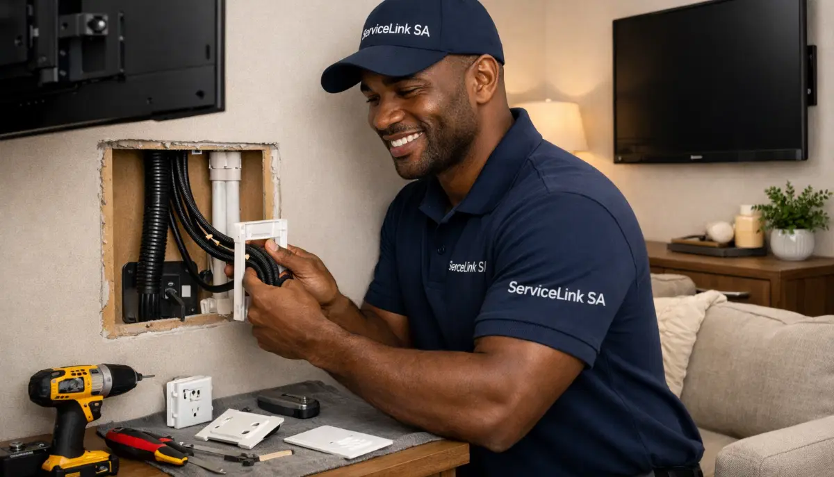 TV cables concealed in-wall kit showing recessed boxes behind TV and at power point level with cables running inside wall