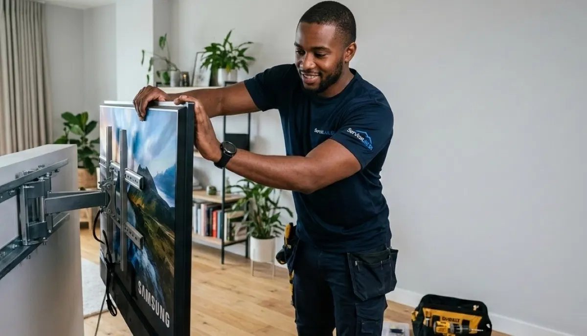 TV mount weight testing – technician applying downward force to test bracket security before hanging TV