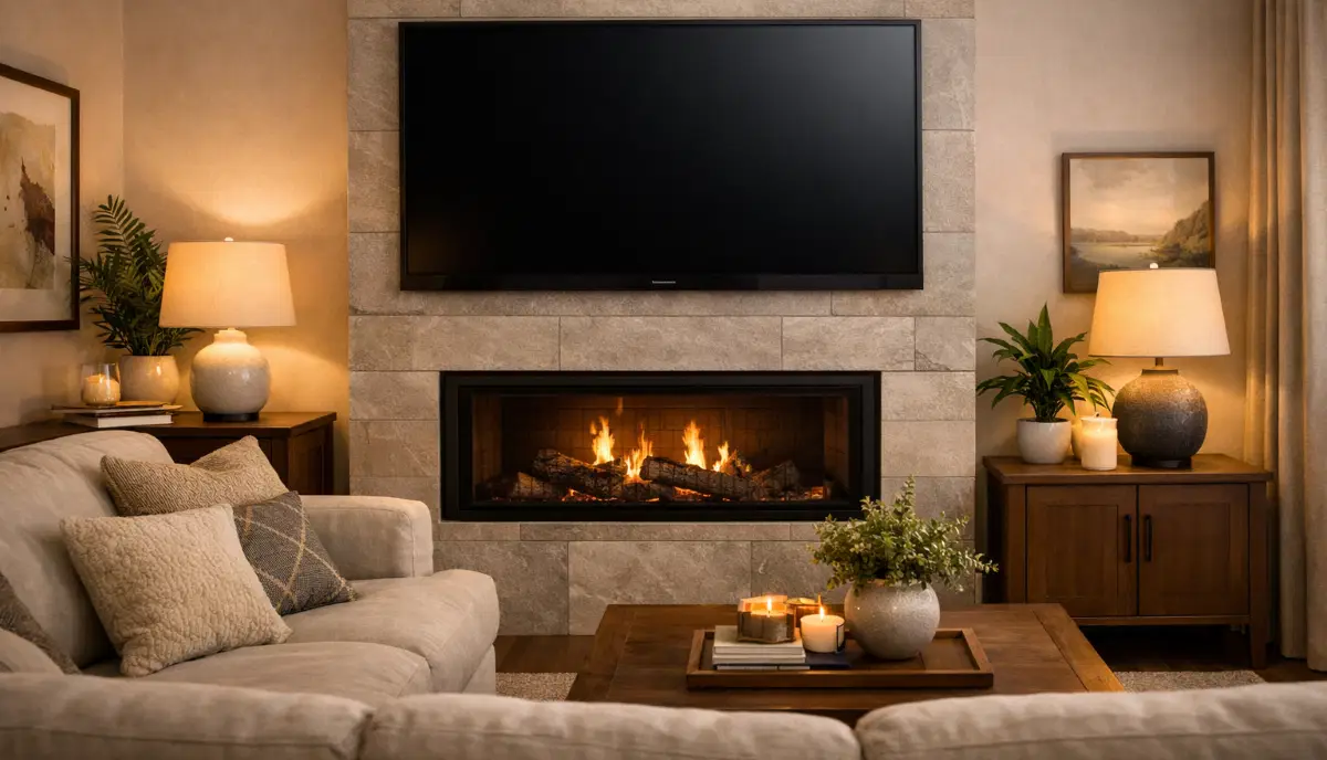TV mounted over fireplace with tilting bracket to improve viewing angle from seating area
