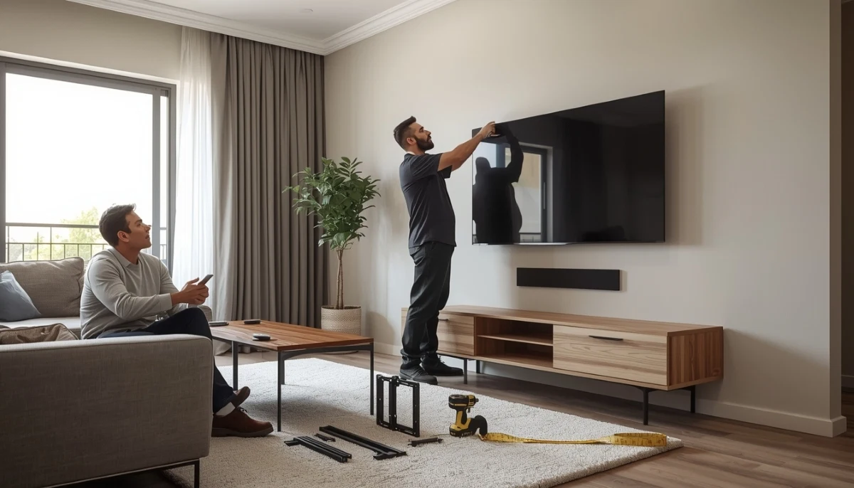 TV mounting cost South Africa – professional installer fitting a flatscreen TV on a brick wall with bracket and tools