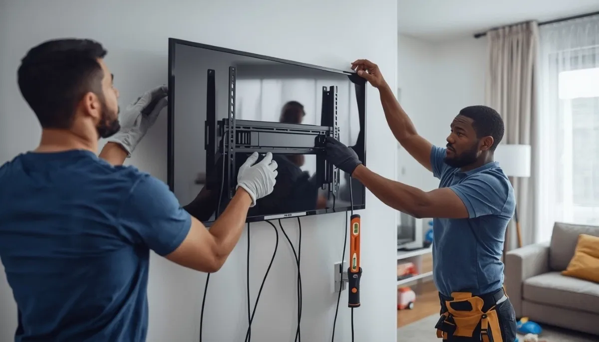 TV mounting safety tips – secure wall mount with safety strap and inspected bracket protecting family and TV