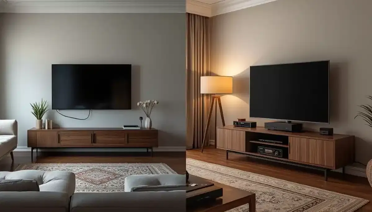 Wall mount vs TV stand South Africa – comparison showing a sleek wall-mounted TV next to a traditional TV stand with console